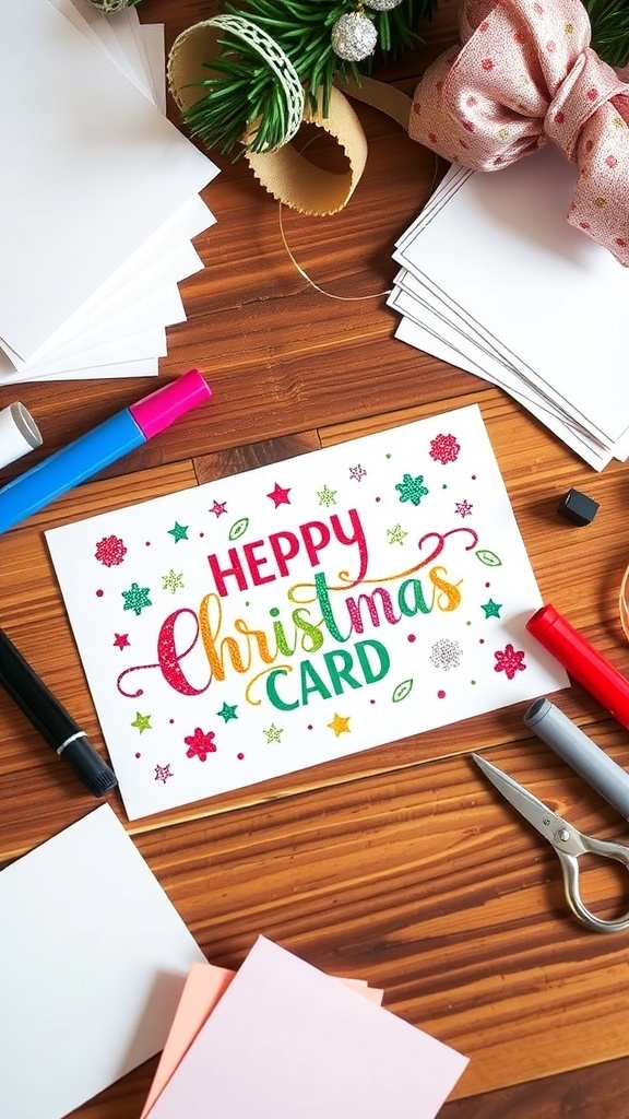 A handmade Christmas card with festive decorations on a crafting table.